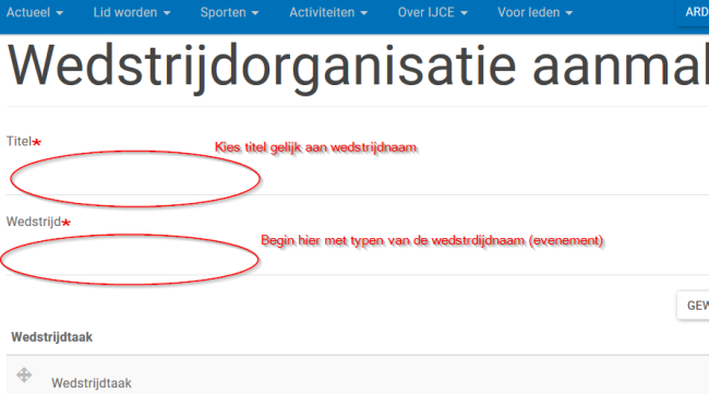 Wedstrijdorganisatie titel en wedstrijd kiezen
